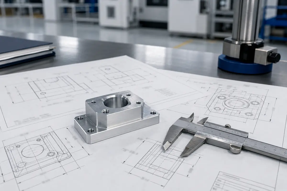 Machined sample, drawing and measuring tools prepared for review