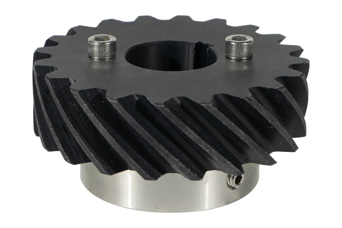 Black helical gear with mounting hub and set screws