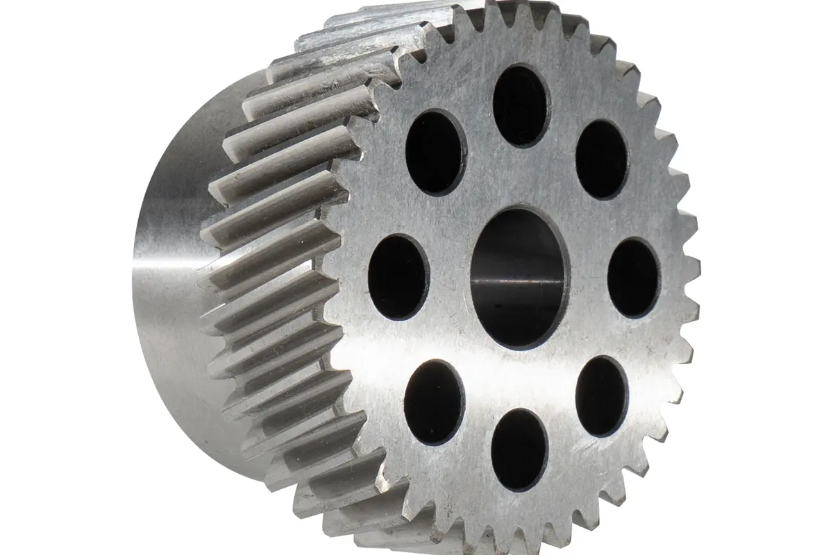 Steel spur gear with machined hub and lightening holes