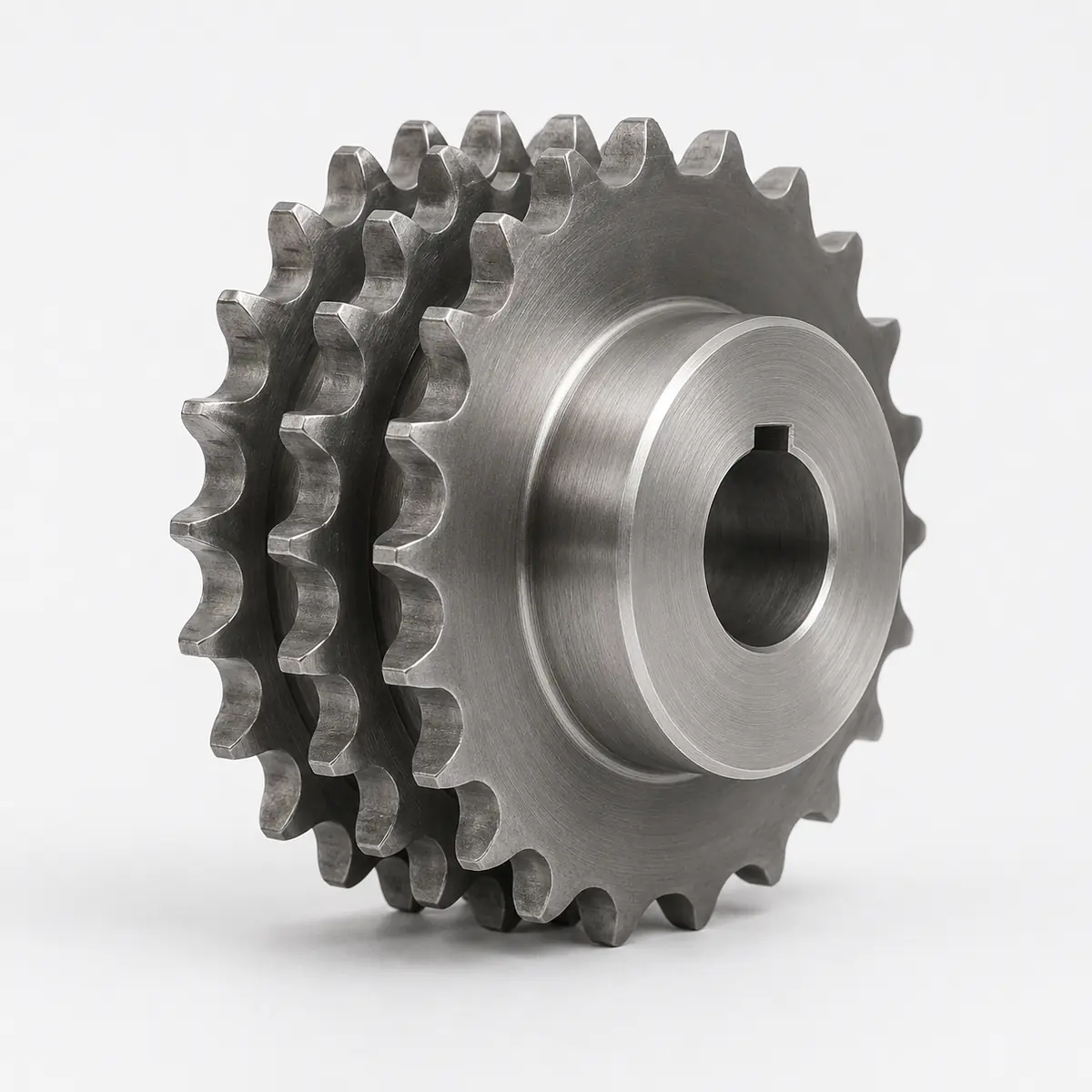 Triple-strand roller-chain sprocket with three tooth rows and keyed bore