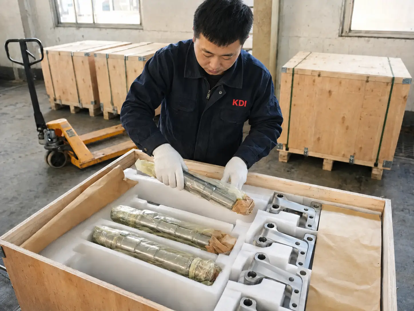 Machined components prepared in wooden cases for export shipment